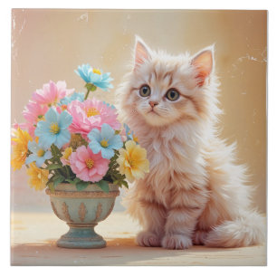 Aardige kat met boeket bloemen tegeltje