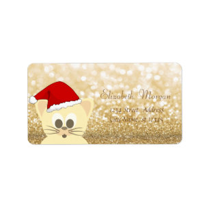 Aardige kat met kerstmuts, glinsterende bokeh etiket