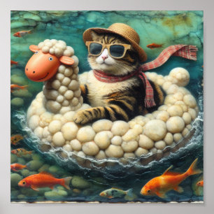 Aardige kat met schapen-floatje poster