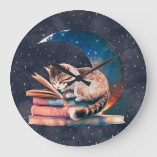Aardige kat op de maan die een boek leest grote klok