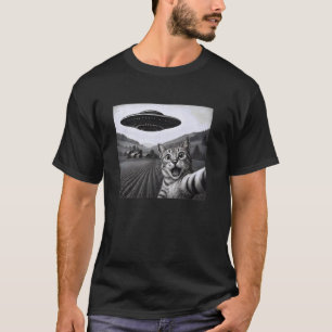 Aardige kat selfie met Alien UFO leuk grafisch gra T-shirt