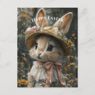 Aardige Konijn Strohoed Bloemen Kant Briefkaart