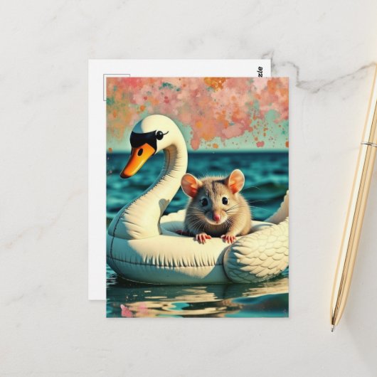 Aardige Muis op een Zwaan Drijver Briefkaart (Voorkant / Achterkant in situ)