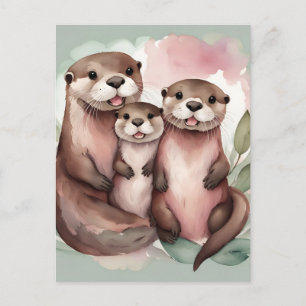 Aardige Otterfamilie Aquarel Briefkaart