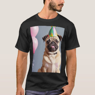 Aardige Pug-puppy op verjaardagsfeestje met feestm T-shirt