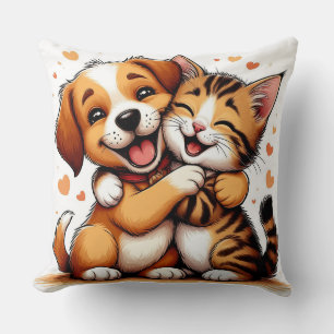 Aardige Puppy en Kitten Knuffelen met Warme Glimla Kussen