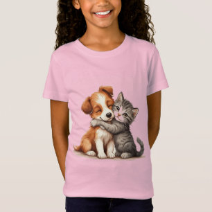 Aardige Puppy en Kitten Knuffelen met Warme Glimla T-shirt