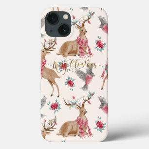 Aardige rendieren, vogels, bloemen iPhone 13 hoesje