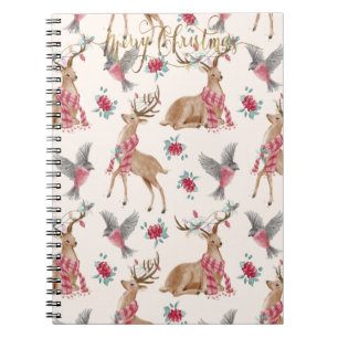 Aardige rendieren, vogels, bloemen. notitieboek