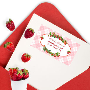 Aardige Roze Gingham Babyshower met Aardbeien Etiket