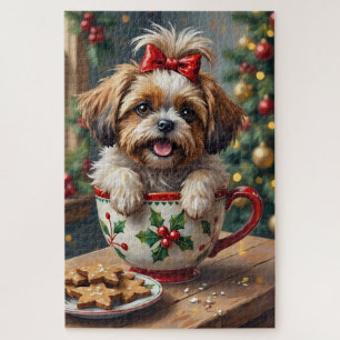 Aardige Shih Tzu-hond in Kerstmutscozy Kunst Legpuzzel