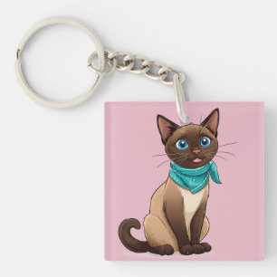Aardige Siamese Kat Met Turquoise Sjaal Sleutelhanger