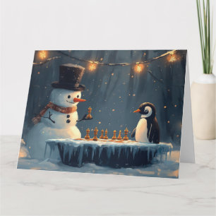 Aardige Sneeuwman en Pinguïn die Schaken Spelen Kaart
