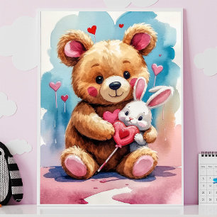 Aardige teddybeer die een konijn omhelst met harte poster