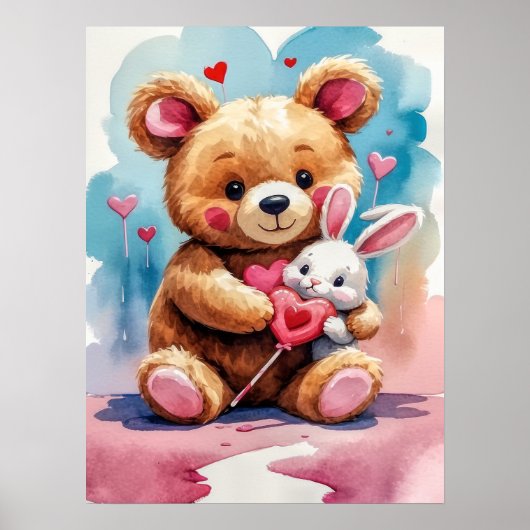 Aardige teddybeer die een konijn omhelst met harte poster (Voorkant)
