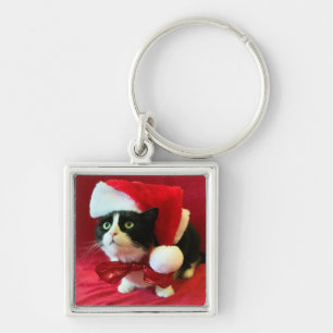 Aardige Tuxedo Kat in Kerstman Hoed Sleutelhanger