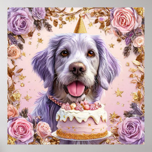 Aardige verjaardagshond met cake viert feest poster