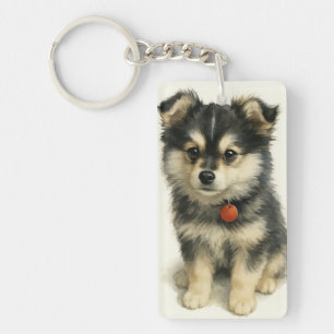 Aardige Waterverf Pomchi Puppy Portret Sleutelhanger
