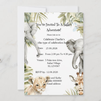 Aardige waterverf safari babydieren feest uitnodig kaart