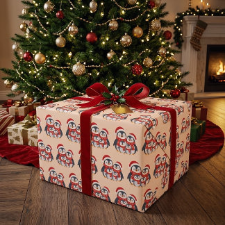 Aardige Winter Pinguïnfamilie Kerstmis Cadeaupapier