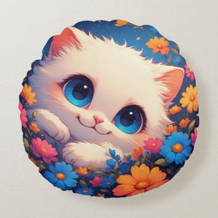 Aardige witte kitten met heldere blauwe ogen rond kussen