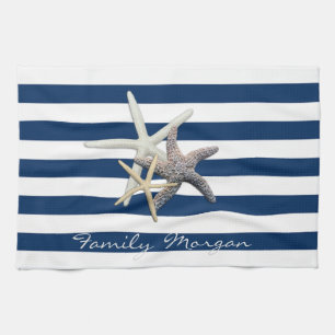 Aardige Zeester ,Marineblauwe Strepen-Personalisee Theedoek