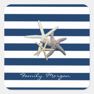 Aardige Zeester ,Marineblauwe Strepen-Personalisee Vierkante Sticker
