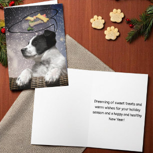 Aardige Zwarte Witte Hond Droomt van Hondenbrokken Feestdagen Kaart