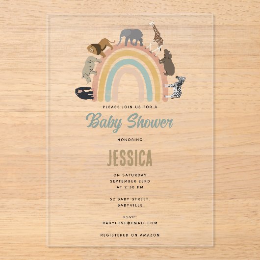 Aardkleuren Regenboogdieren Oerwoud Baby shower Acryl Uitnodigingen (Voorkant)
