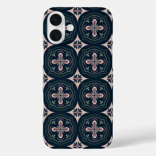 aardkleurige bloemige geometrische tegels iPhone 16 plus hoesje