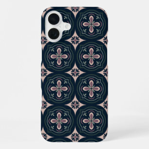 aardkleurige bloemige geometrische tegels iPhone 16 plus hoesje