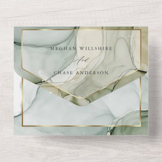 Aards Goud en Groen Abstracte Inkt All In One Uitnodiging (Achterkant)