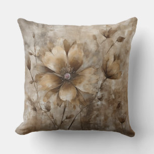 Aardse Beige Bruine Waterverf Bloemendruk Kussen