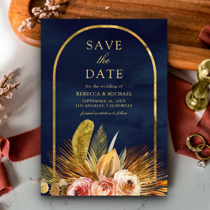 Aardse Bloemboog Goud Marineblauw Trouwen Save The Date