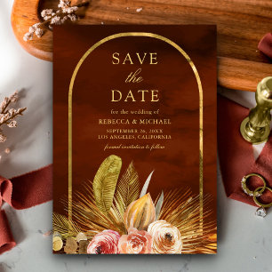 Aardse Bloemboog Goud Verbrand Oranje Trouwfeest Save The Date