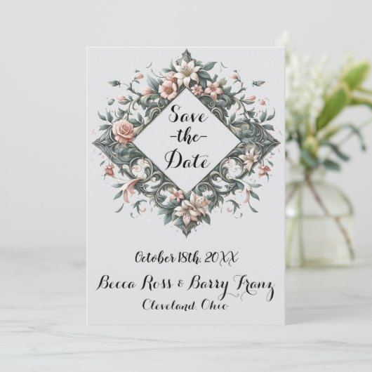 aardse bloemenwijnstok save the date (Staand voorkant)