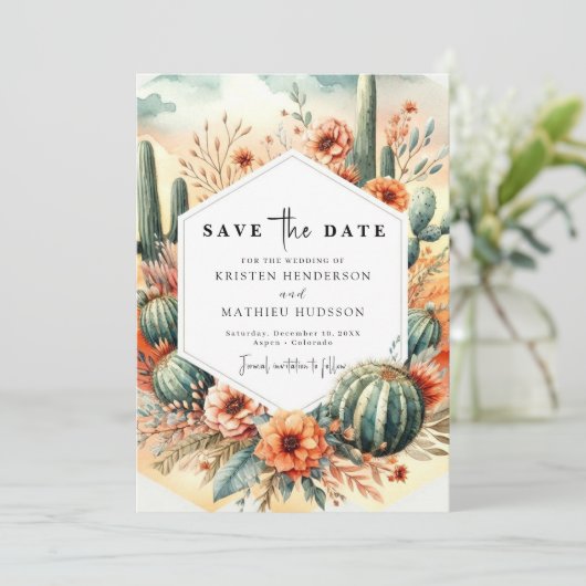 Aardse Boho Cactus bruiloft Save The Date (Staand voorkant)