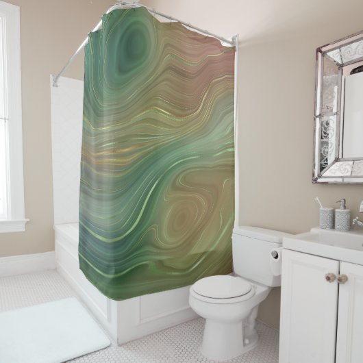 Aardse Emerald Strata | Groene en Gouden Inkt Agaa Douchegordijn (In situ)