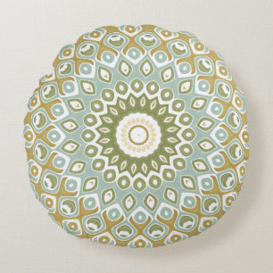 Aardse Mandala in groen, goud en zacht blauw Rond Kussen
