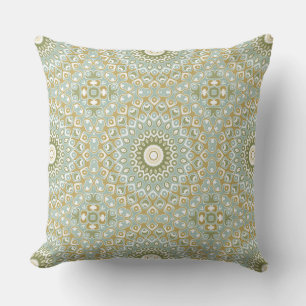 Aardse Mandala in Groen, Goud en Zachtblauw Kussen
