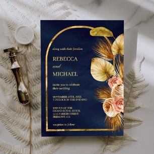 Aardse plein gedroogd Palm Navy Blue Wedding Kaart
