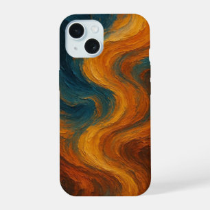 Aardse Verbrande Oranje en Teal Abstracte Olieverf iPhone 15 Hoesje