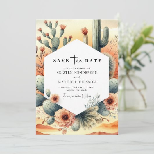 Aardse Waterverf Cactus bruiloft Save The Date (Staand voorkant)
