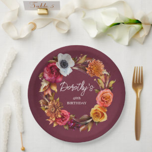 Aardtint Burgundy Herfstbloemen 40ste Verjaardag Papieren Bordje