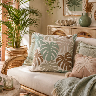 Aardtint Tropisch Monstera Bladeren Patroon Kussen