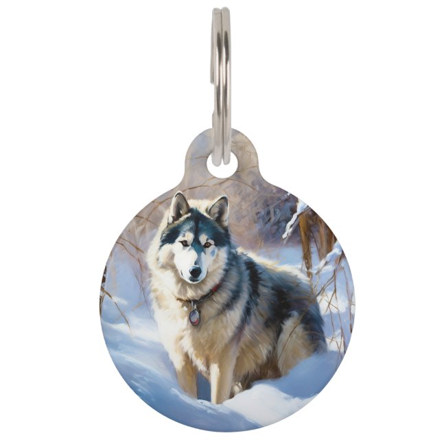 Aaskan Malamute liet het sneeuwen Kerstmis Huisdierpenning (Voorkant)