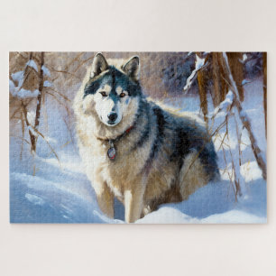 Aaskan Malamute liet het sneeuwen Kerstmis Legpuzzel