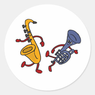 AB Saxofoon en Trompet Dancing Cartoon Ronde Sticker