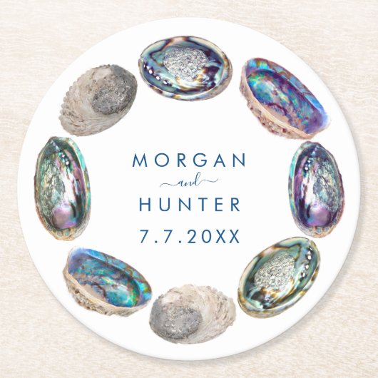 Abalone Shell Kleurrijke Waterverf Strand Bruiloft Ronde Kartonnen Onderzetter (Voorkant)