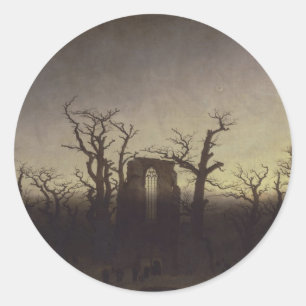 Abbey onder Oak Trees van Caspar David Friedrich Ronde Sticker